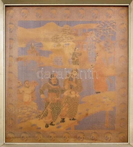 Japán, antik selyem gobelin. Üvegezett keretben. / Japanese silk gobelin in glazed frame 47x48 cm