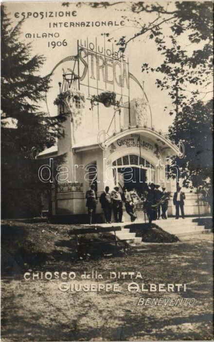 Milano, Esposizione internazionale di Milano 1906. Chiosco della Ditta Giuseppe Alberti Benevento, Liquore Strega / Milan International Exposition, World's Fair, Kiosk of the Giuseppe Alberti Benevento Co. (Strega liqueur) (EK)