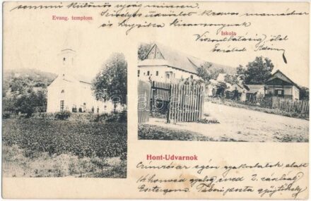 1911 Hontudvarnok, Hont-Udvarnok, Dvorníky (Teszér, Hontianske Tesáre); evangélikus templom, iskola. Berczel Sándor kiadása / Lutheran church, school