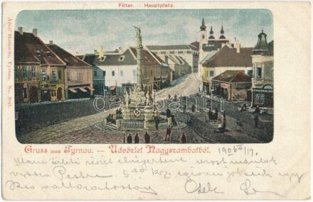 1906 Nagyszombat, Trnava; Fő tér, Szentháromság szobor, Tausky üzlete. Adolf Horowitz kiadása / main square, Trinity statue, shop