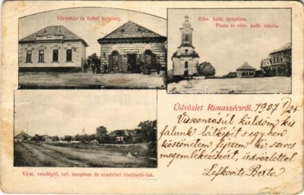 1907 Rimaszécs, Rimavska Sec, Siac; Városház, római katolikus templom és iskola, posta, vám, vendéglő, református templom, uradalmi tiszttartó lak, Roth Dávid üzlete / town hall, churches, school, post office, customs, restaurant, shop