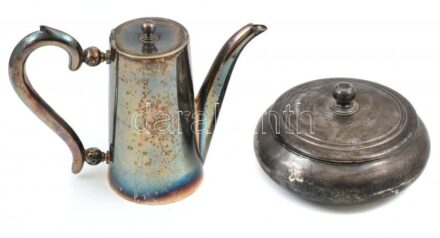 Ezüstözött cukordoboz és kávés kanna, 2 db, jelzett, kopásnyomokkal, d: 16 cm, m: 15 cm