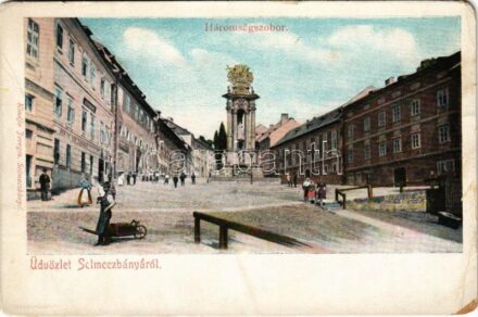 Selmecbánya, Schemnitz, Banská Stiavnica; Szentháromság szobor, bor és sör csarnok. Joerges / Trinity statue, beer and wine hall (kis szakadások / small tears)