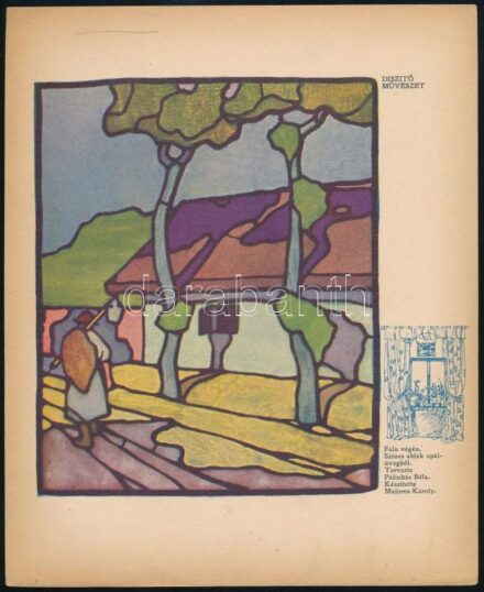 cca 1914 Majoros Károly üvegfestő művész által készített üvegablakok (Mátyás király, terv.: Muhits Sándor; Falu végén, terv.: Pálinkás Béla), 2 db színes reprodukció, a Díszítő Művészet I. évfolyamának mellékletei,