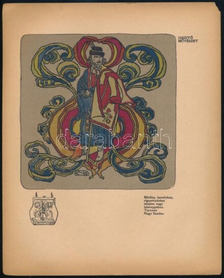 cca 1914 Bőrdísz tarsolyhoz, cigarettadoboz tetejére vagy írómappához, terv.: Nagy Sándor, színes reprodukció, a Díszítő Művészet I. évfolyamának melléklete, apró sarokhiánnyal, 25,5x20,5 cm