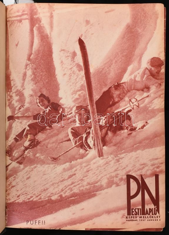 1937 A Pesti Napló képes mellékletei, teljes évfolyam, 1937. jan. 3. - dec. 25., rendkívül gazdag fekete-fehér képanyaggal, számos érdekes fotóval. Egybekötve, aranyozott egészvászon-kötésben, kissé kopott borítóval, sérült - Image 2