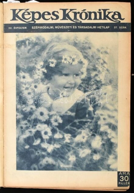1933 Képes Krónika XV. évf. 27-52. számai (fél évfolyam), 1933. júl. 2. - dec. 24., gazdag fekete-fehér képanyaggal. Egybekötve, aranyozott gerincű félvászon-kötésben, kissé sérült, kopott borítóval, néhány sérült, kijáró