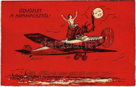 1934 Üdvözlet a Krampusztól! / Krampus with birch, airplane and lady. 'ERIKA' (ázott sarkak / wet corners)