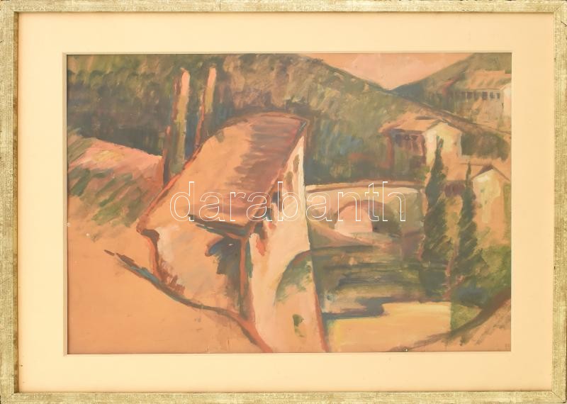 Jelzés nélkül: Táj híddal. Olaj, karton. Üvegezett, kissé sérült fakeretben, 34×41 cm