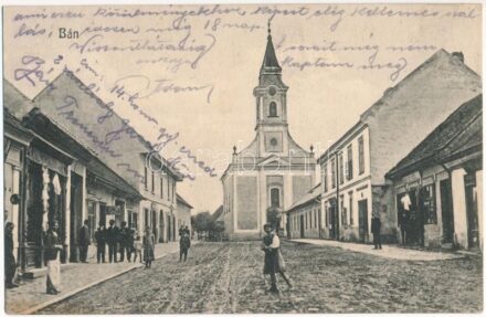 1912 Bán, Trencsénbán, Bánovce nad Bebravou; utca, templom, Rosenberger Ármin és Löwinger Lipót üzlete. W.L. Bp. 509. Béress E. fia kiadása / street, church, shops (EK)