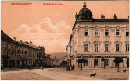 1917 Besztercebánya, Banská Bystrica; Kossuth Lajos utca, Keppich Ernestin utóda, Holesch Árpád, Scheer Sándor, Olejcsek H. üzlete, gyógyszertár, cukrászat. Machold F. kiadása / street, shops, confectionery, pharmacy