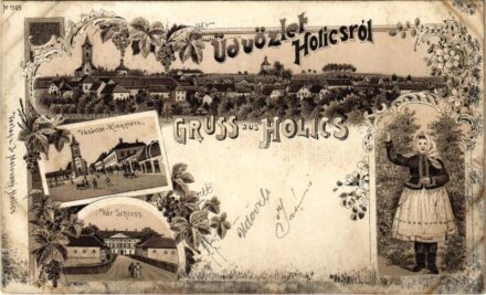 1899 (Vorläufer) Holics, Holic; Vásár tér, vár, népviselet / square, castle, folklore. J. Malovany floral, Art Nouveau, floral, litho (fl)