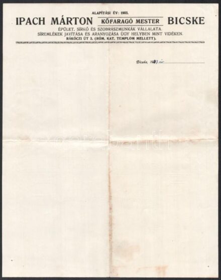 1937 Bicske, Ipach Márton kőfaragó mester fejléces papírja, a hátoldalán elkészítendő sírkő rajzával, ceruzás írással, hajtott.