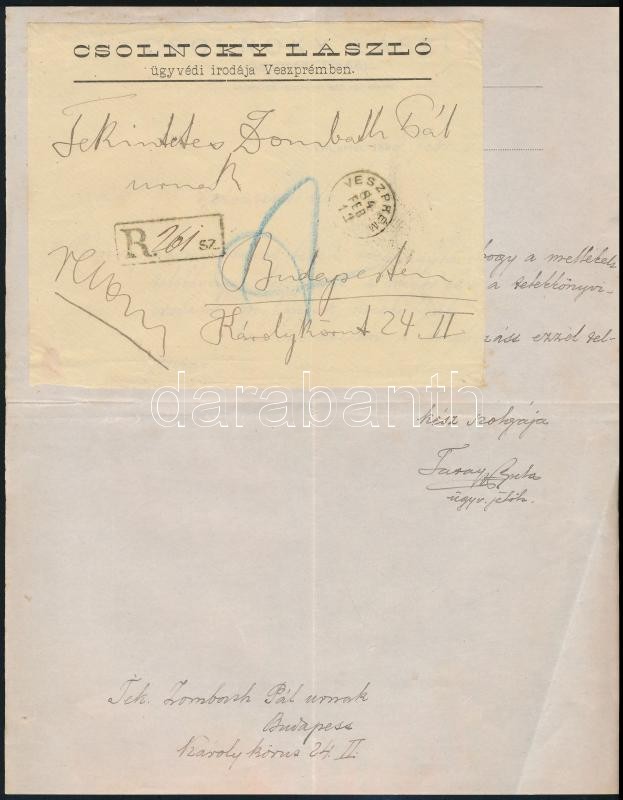 1883 Veszprém, Cholnoky László (1835-1901) köz-, és váltó-ügyvéd saját kézzel írt levele, sógorának, Zombath Pálnak, saját kezű aláírásával, fejléces papíron, valamint 1 további fejléces papírja, de rajta az ügyvéd - Image 3