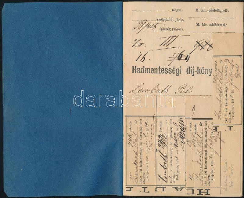 1880-1885 Hadmentességi díj-könyvecske, Zombath Pál vasúti tisztviselő részére, bejegyzésekkel.