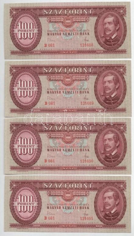 1968. 100Ft (4x) 'B 081 131688 - B 081 131691' sorszámkövetők, nyomdai papírránccal T:III szép papír Adamo F32