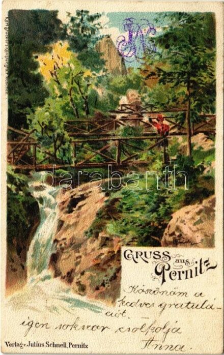 1899 (Vorläufer) Pernitz, waterfall, wooden bridge. Verlag v. Julius Schnell. Karl Stücker's Kunstanstalt. litho
