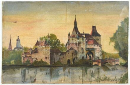 Jelzés nélkül: Vajdahunyad vár, Városliget. Olaj, vászon. Falemezre kasírozva. 37x57 cm