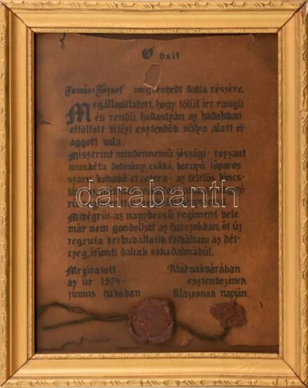 1974 Humoros obsitos levél kézzel rajzolt üvegezett keretben 20x30 cm