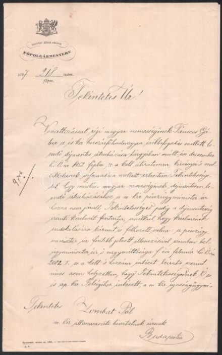 1897 Ráth Károly (1821-1897) Budapest főpolgármesterének (1873-1897) levele Zombath Pál máv hivatalnok részére, örökbefogadási ügyben, fejléces papíron, saját kezű autográf aláírásával, valamint az örökbefogadási ügy