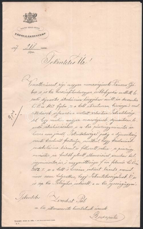 1897 Ráth Károly (1821-1897) Budapest főpolgármesterének (1873-1897) levele Zombath Pál máv hivatalnok részére, örökbefogadási ügyben, fejléces papíron, saját kezű autográf aláírásával, valamint az örökbefogadási ügy
