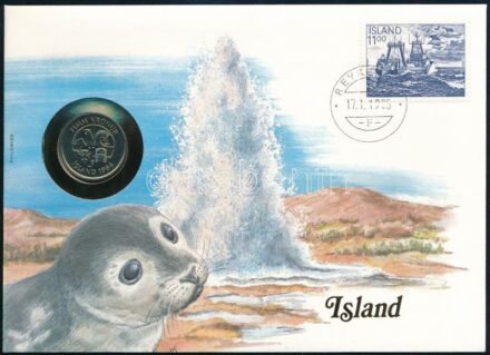 Izland 1984. 5Kr, felbélyegzett borítékban, bélyegzéssel, német nyelvű leírással T:1 Iceland 1984. 5 Kronur in envelope with stamp and cancellation, with German description C:UNC
