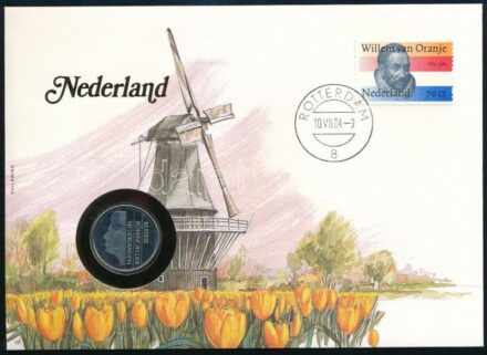 Hollandia 1983. 1G Ni érme felbélyegzett borítékban, bélyegzéssel, német nyelvű tájékoztatóval T:1- kis karc Netherlands 1983. 1 Gulden Ni coin in envelope with stamp, cancellation and a prospectus in german C:AU small scretches
