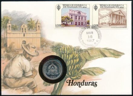 Honduras 1980. 10c Cu-Ni felbélyegzett borítékon, bélyegzéssel, német nyelvű leírással T:1 Honduras 1980. 10 Centavos Cu-Ni in envelope with stamp, with German description C:UNC