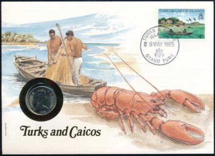 Turks- és Caicos-szigetek 1981. 1/4C felbélyegzett borítékban, bélyegzéssel, német nyelvű leírással T:1 Turks and Caicos Islands 1981. 1/4 Crown in envelope with stamp and cancellation, with German description C:UNC