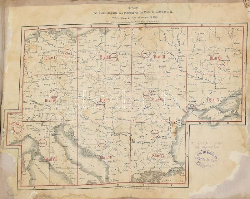 1901 Európa térkép, rajta a Ludovika pecsétjével, a hátoldalán számos bejegyzéssel, több alakulat bélyegzéssel, nagy méretű, vászonra kasírozott, sérülésekkel, 120x155 cm - Image 4