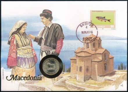 Macedónia 1993. 1D Cu-Ni felbélyegzett borítékban, bélyegzéssel, német nyelvű tájékoztatóval T:1- Macedonia 1993. 1 Denar Cu-Ni in envelope with stamp, cancellation and a prospectus in german C:AU