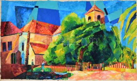 Szekeres József (1944-): Falusi idill (Bajna). Olaj, vászon. Jelzett. Vakráma nélkül, feltekerve. 51x86 cm