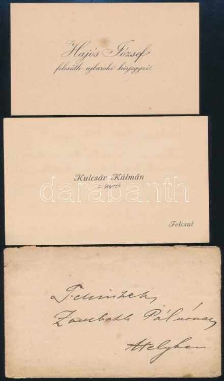 1910-1915 Felcsút, Hajós József felcsút-ujbaroki körjegyző, és Kulcsár Kálmán felcsúti jegyző névjegykártyái, a hátoldalukon autográf sorokkal.