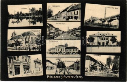 Szászsebes, Mühlbach, Sebesul Sasesc, Sebes; Stadtpark, Rosengasse, Elektrizitäts-Werke, Griechen-Gasse, Ev. Gymnasium, Hauptplatz mit der Evang. Kirche, Siculorum-Gasse, Petrigasse, Josef Hientz Buchdruckerei / park, Rózsa utca, Villamos