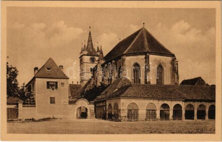 Szászsebes, Mühlbach, Sebesul Sasesc, Sebes; Evangélikus templom, Ferdinand Ehrlich üzlete. Erich Hutter kiadása / Evang. Kirche / Lutheran church, shop