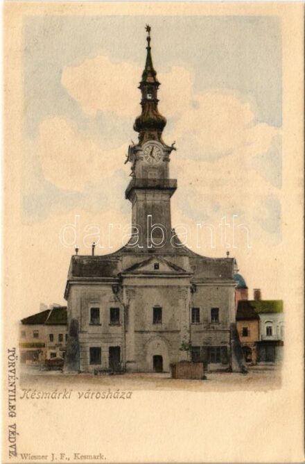 Késmárk, Kezmarok; Városháza, üzletek. Wiesner J. F. kiadása / town hall, shops