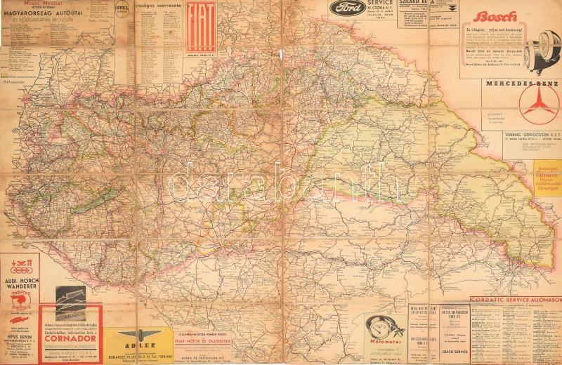1940 Magyarország autóutai. Vászonra kasírozott térkép Megviselt állapotban 100x60 cm