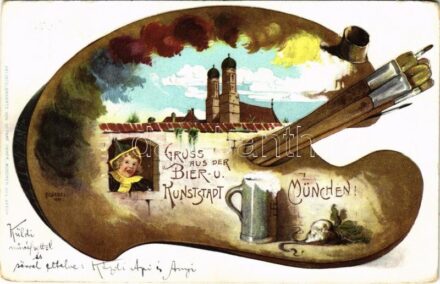 1903 München, Munich; Gruss aus der Bier- u. Kunststadt. Heliocolorkarte von Ottmar Zieher Art Nouveau, embossed litho s: F. Goebel