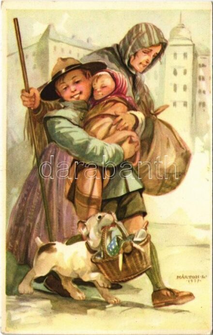 A cserkész ahol tud segít. Cserkész levelezőlapok kiadóhivatal / Hungarian scout boy art postcard s: Márton L.