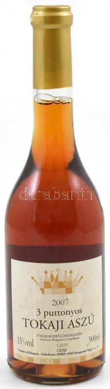 2007 Sárospatak, 3 puttonyos Tokaji Aszú, bontatlan palack fehérbor, 0,5 l.