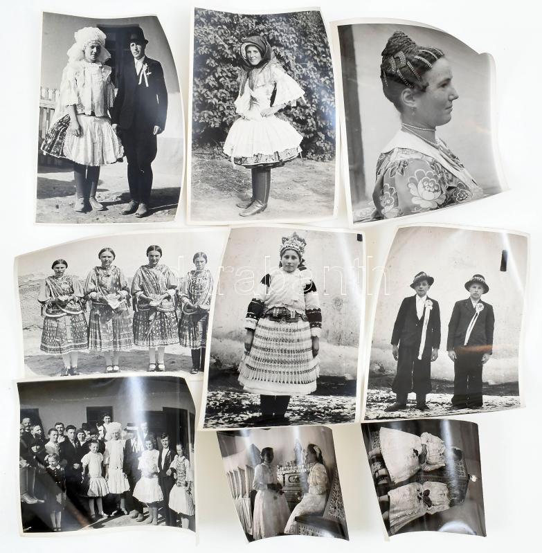 cca 1950-1970 Népviseletek (esküvői, ünnepi, stb.), 9 db fotó, közte Jónás Pál fotóriporter pecsétjével jelzettek, 11,5x9 cm és 17,5x13 cm között