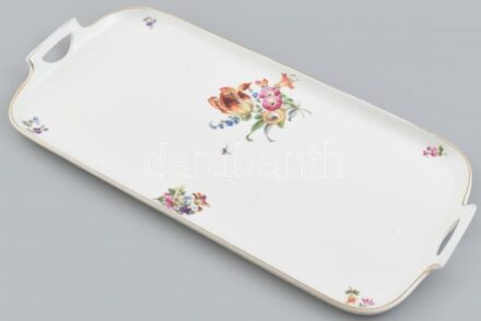 Jelzett virágmintás tálca, kézzel festett porcelán, jelzett, 47x23cm