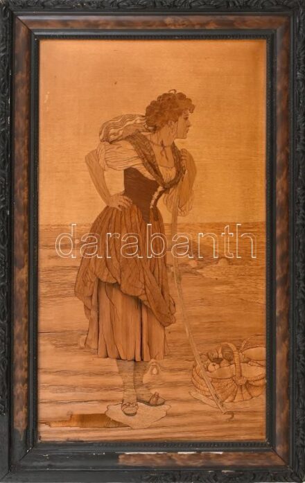 Jelzés nélkül: Gyümölcsszedő nő. Sérült intarzia kép, sérült fakeretben, 44x25 cm