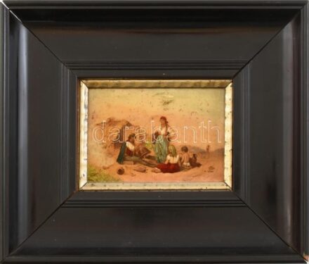 Jelzés nélkül: Olasz család. Olaj, fa, sérült keretben, 10x14 cm
