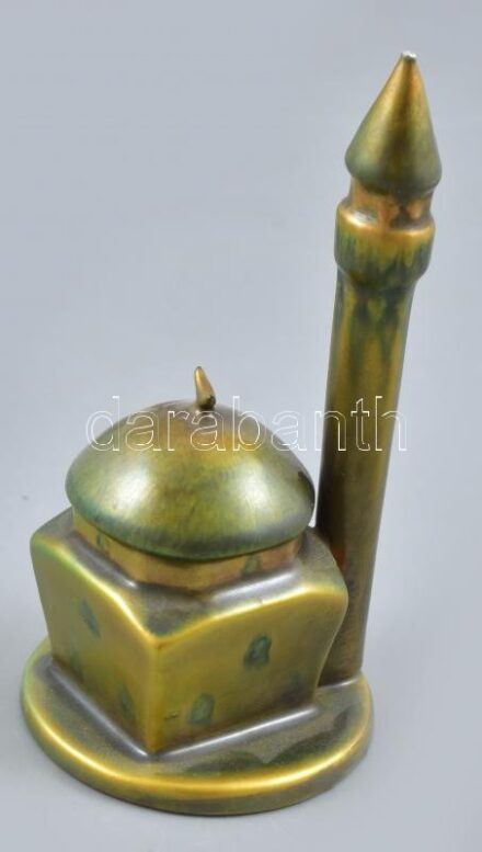 Zsolnay eozin mázas dzsámi, porcelánfajansz, 1930 körül, minaret teteje sérült, jelzett, m:14 cm