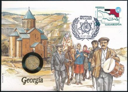 Grúzia felbélyegzett borítékban, bélyegzéssel, német nyelvű tájékoztatóval, benne Oroszország 1992. 10R Cu-Ni T:1- Georgia in envelope with stamp, cancellation and a prospectus in german, in it Russia 1992. 10 Rubles Cu-Ni C:AU