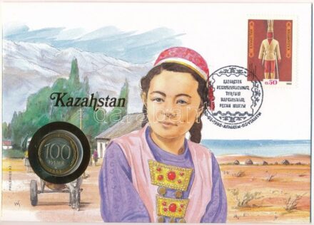 Kazahsztán felbélyegzett borítékban, bélyegzéssel, német nyelvű tájékoztatóval, benne Oroszország 1992. 100R bimetál T:1- patina Kazakhstan in envelope with stamp, cancellation and a prospectus in german, in it Russia 1992. 100 Rubles