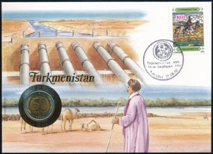 Türkmenisztán felbélyegzett borítékban, bélyegzéssel, német nyelvű tájékoztatóval, benne Oroszország 1992. 50R bimetál T:1- Turkmenistan in envelope with stamp, cancellation and a prospectus in german, in it Russia 1992. 50 Rubles