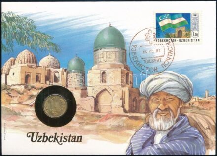 Üzbegisztán felbélyegzett borítékban, bélyegzéssel, német nyelvű tájékoztatóval, benne Oroszország 1992. 1R Cu-Ni T:1 Uzbekistan in envelope with stamp, cancellation and a prospectus in german, in it Russia 1992. 1 Ruble Cu-Ni C:UNC