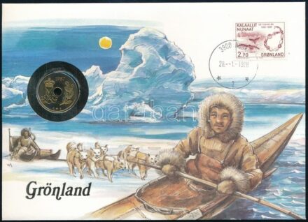 Grönland, benne Dánia 1987. 25ö felbélyegzett borítékban, bélyegzéssel, német nyelvű leírással T:1 Greenland with Denmark 1987. 25 Öre coin in envelope with stamp and cancellation, with German description C:UNC